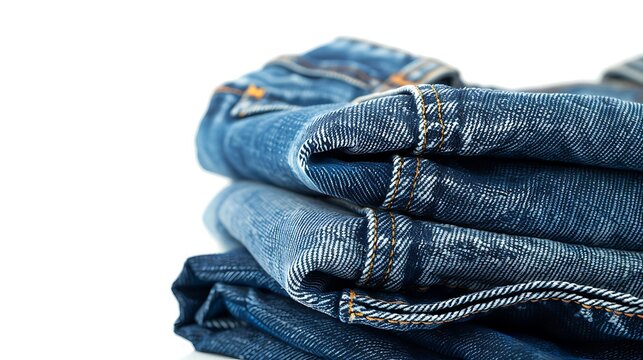 A stack of folded blue denim jeans shows textured seams and contrasting indigo washes against white.