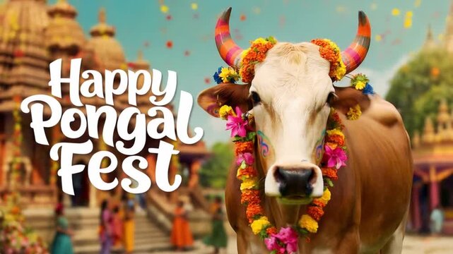 A beautifully decorated bull celebrating happy pongal festival in front of a temple