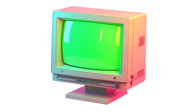 A retro computer monitor, illuminated with vibrant neon gradients