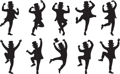 Ten Black Silhouette Figures of a Dancing Man in Top Hat on White Background dancer