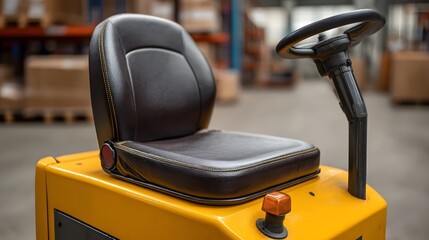 Close up of a yellow forklift driver s seat and steering wheel in a warehouse