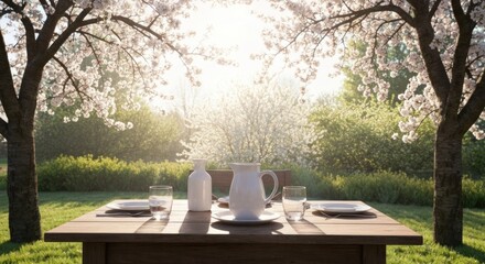 Fototapeta premium Springtime outdoor dining table under blooming trees