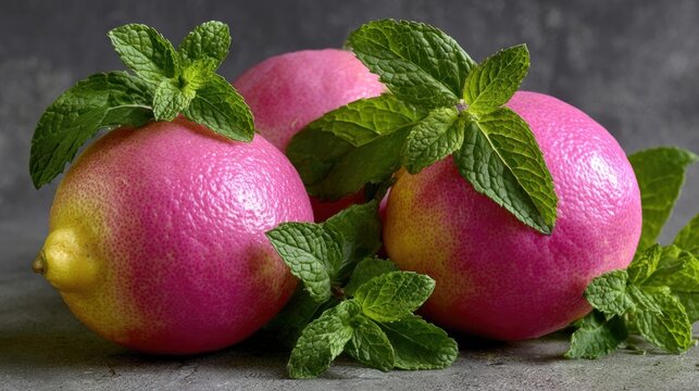 Fresh pink lemons with mint leaves