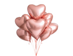 Cluster of shiny rose gold heart balloons,white background
