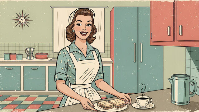 Vintage housewife preparing breakfast in a retro kitchen with sandwiches and coffee
