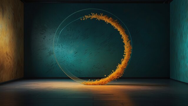 An abstract orange ring of particles suspended in a minimalist teal room - Powered by Adobe