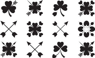 Twelve Black Silhouette Clover and Arrow Designs on White Background shamrock icon