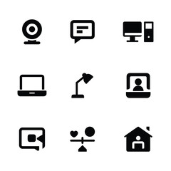 Set of Home and Remote Work Icons. Containing Home Office Equipment, Video Conferencing, Time Management and Internet Connectivity
