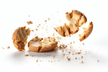 Cookie breaking apart with crumbs scattering against a white background