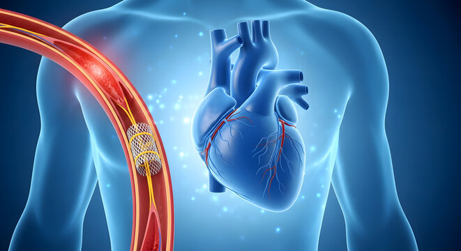 Advanced 3D medical illustration of a human heart with an artery containing an implanted stent