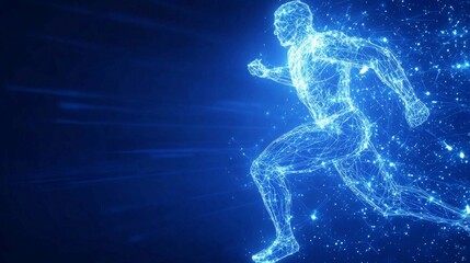 The intersection of sport technology and digital design represented by a holographic runner.