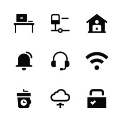 Set of Home and Remote Work Icons. Containing Home Office Equipment, Video Conferencing, Time Management and Internet Connectivity
