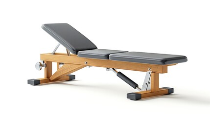 A modern adjustable weight bench features light wood grain framing and dark gray upholstered padding.