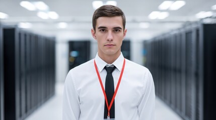 A serious young man in formal attire stands in a data center aisle, flanked by rows of server racks, emphasizing a professional tech environment.