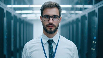 A professional-looking man stands confidently in a modern data center, surrounded by server racks, wearing glasses and formal attire.