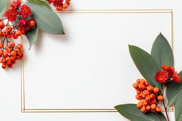 Autumn Berry & Eucalyptus Wreath Border with Gold Frame on White Background