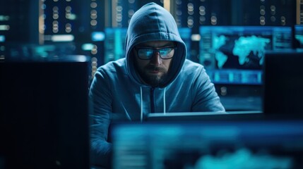 A focused individual in a hoodie works intently at a computer surrounded by screens, embodying a high-tech, cybersecurity atmosphere.