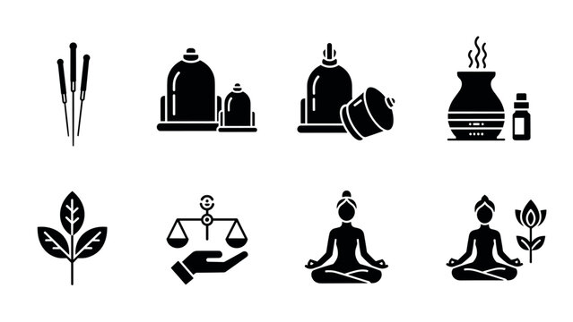 Holistic wellness icons: acupuncture, meditation, aromatherapy, herbal balance - Powered by Adobe