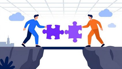 Fototapeta premium Two men on separate cliffs hold puzzle pieces to bridge a gap Valentine