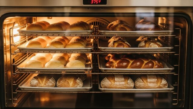 Warm freshly baked artisan loaves and rolls rise perfectly inside a professional commercial bakery