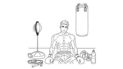 Boxer resting in gym with training equipment: punching bag, gloves, jump rope in linear art