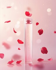 minimal clear perfume bottle with floating rose petals on soft pastel background. beauty product photo