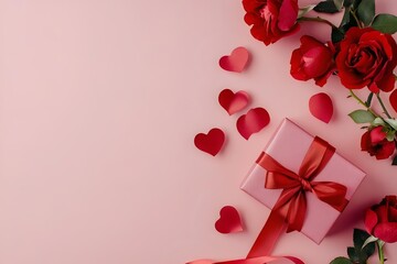top-down valentine flat lay with red ribbon, roses and pink gift box on soft neutral background