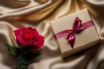 luxury gift box on silk fabric with red rose in warm candlelight. elegant valentine product mockup