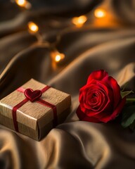 luxury gift box on silk fabric with red rose in warm candlelight. elegant valentine product mockup