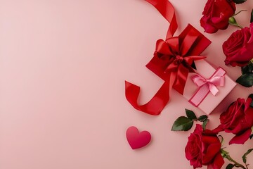 top-down valentine flat lay with red ribbon, roses and pink gift box on soft neutral background