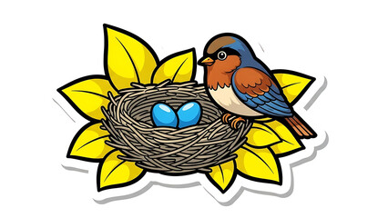 A cute bird sitting on its nest with two blue eggs