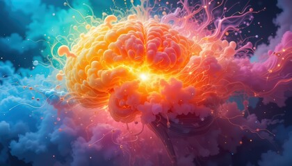 Vibrant Glowing Human Brain Floating In A Colorful Nebula Of Clouds
