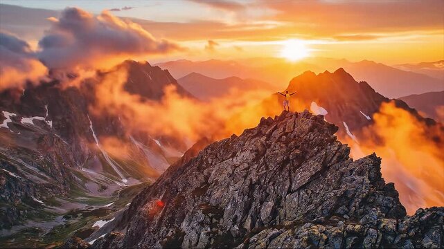 Triumphant tourist raising arms on the summit of majestic Koprovsky Stit in the High Tatras at sunset with dramatic clouds adventure concept copy space 4K