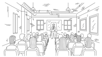 Business presentation in loft-style room with audience in linear design