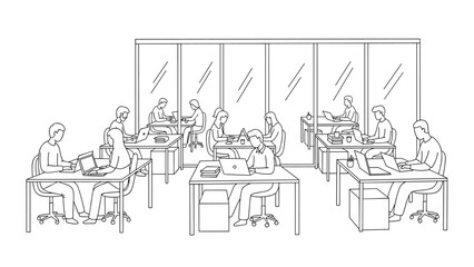 Minimalist office workspace with people working on laptops in line art style