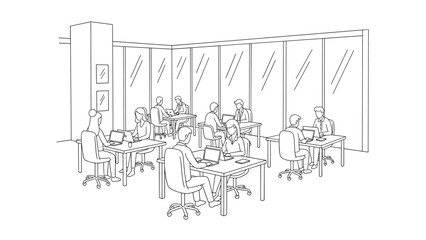 Obraz premium Modern office workspace with professionals working on laptops in open plan layout