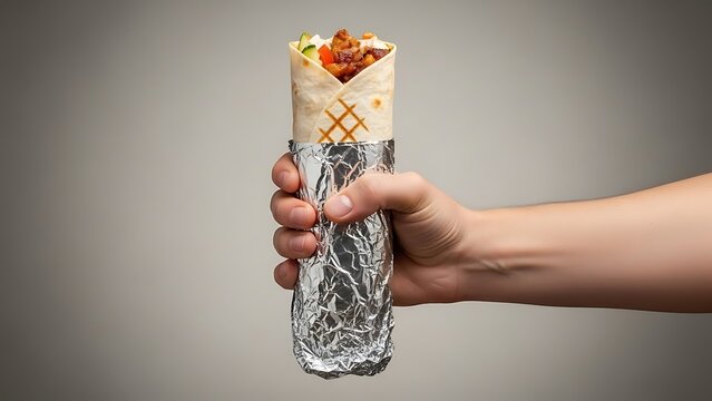 hand holding shawarma wrap with foil