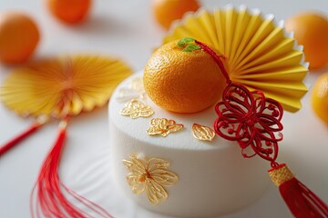 Chinese New Year Celebration Cake with Orange and Red Tassel Decorations
