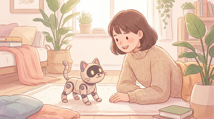 Girl playing with robotic cat in cozy living room  