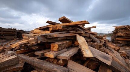 A large pile of weathered rough cut wooden planks and beams stacked outdoors under an overcast sky