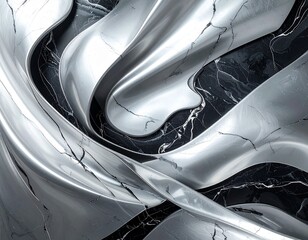 Abstract Swirling Metallic Silver and Black Marble Texture.