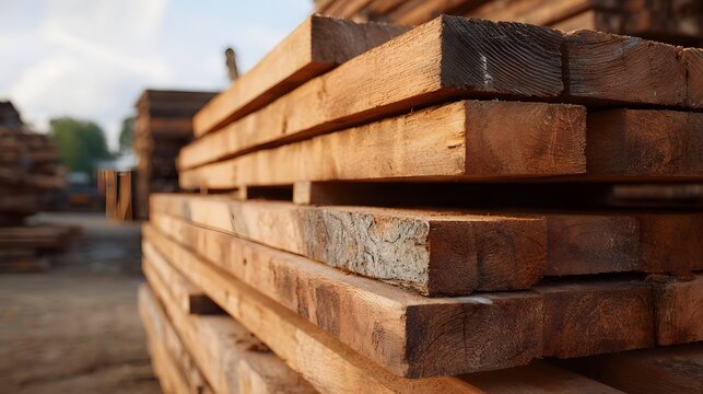 Stacked rough cut wooden planks bathed in warm golden hour sunlight outdoors - Powered by Adobe