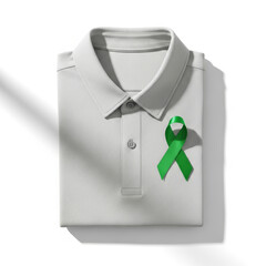 Folded white polo shirt with green awareness ribbon pinned on chest, clean minimal health awareness and support concept in studio lighting, isolated on white background