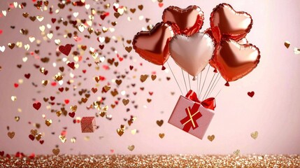 A joyful scene featuring falling gift boxes and glittering gold confetti.