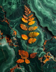 Autumn Leaf Arrangement on Vibrant Green Malachite Texture.