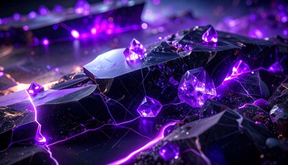 Enchanting Amethyst Crystals Glowing with Ethereal Purple Light on Dark, Cracked Earth.