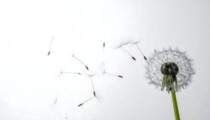 Obraz premium Close-up of dandelion head with seeds dispersing against a white background