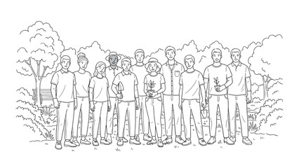 Community volunteers planting trees in park together in linear style