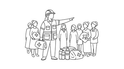 Humanitarian mission team and supplies in emergency response outline