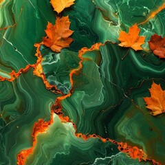 Vibrant Malachite Texture with Autumn Maple Leaves Overlay.